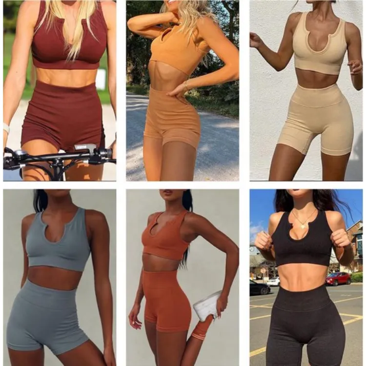 Ribbed Workout Sets for Women 2 Piece Gym Outfits Crop Tops High