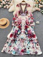 【HOT】✈✳❈ 2023 Fashion Cascading Deep V Neck Sleeve Floral Print Boho Robe Vestido