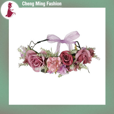 Cheng Ming พร้อมริบบิ้นที่คาดผมดอกไม้แบบโบฮีเมียนพวงมาลัยดอกไม้พวงมาลาประดับผมกุหลาบใหญ่หลากสีสำหรับงานแต่งงาน