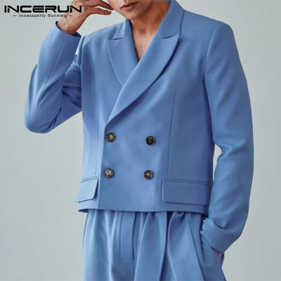 ✼ hnf531 (Western Style) INCERUN Mens Long Sleeve Double Breasted Short Jackets Lapel Button Blazer Coats Clubwear