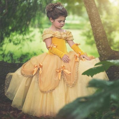 〖jeansame dress〗เจ้าหญิงเด็กชุดราตรี ForDisguise เครื่องแต่งกาย FancyGown สีเหลือง FairyHalloween Party Vestidos