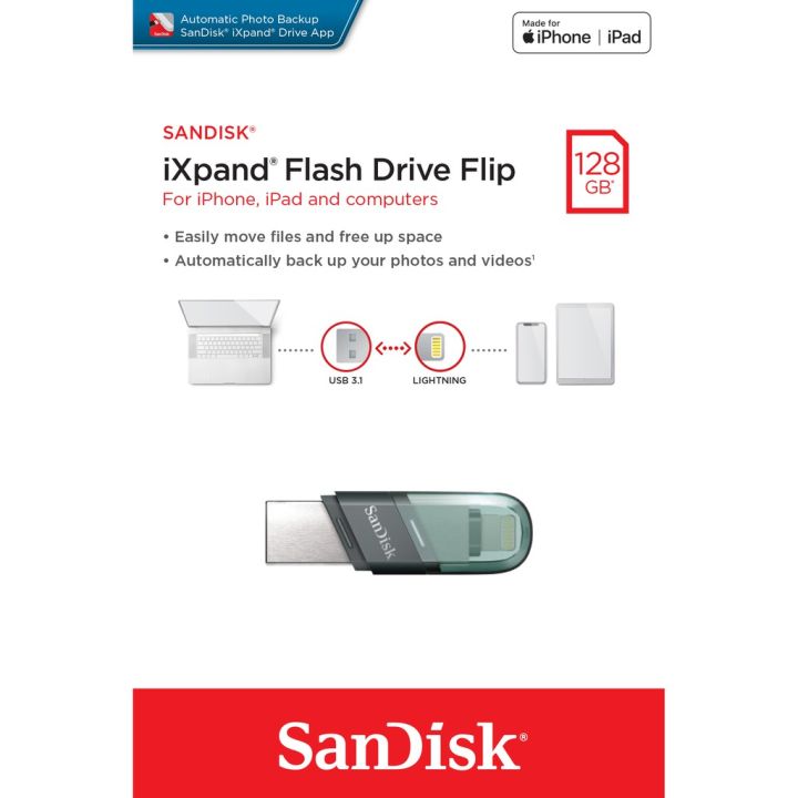 sandisk-ixpand-flash-drive-flip-128gb-2-in-1-lightning-and-usb-a-3-1-sdix90n-128g-gn6ne-otg-flashdrive-แฟลชไดร์ฟ-2-หัว-สำหรับ-iphone-ipad-ไอโฟน-ไอแพด-รับประกัน-synnex-2-ปี