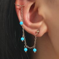 [COD] simple long chain ear clip one-piece beaded tassel earrings new no pierced female