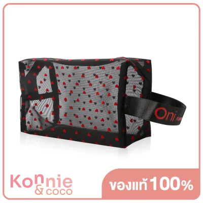 Oni Oversize Square Mesh Cosmetic Bag #Black Mesh Red Heart กระเป๋าเครื่องสำอางแบบตาข่ายโปร่งใส ทรงสี่เหลี่ยม สีดำ ดีไซน์หัวใจสีแดง