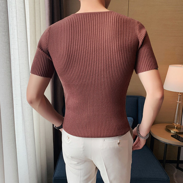 2023แบรนด์เสื้อผ้าผู้ชายฤดูร้อนสันทนาการเสื้อยืดสั้นชายคุณภาพสูงถักคอวีแฟชั่นเสื้อยืดขนาดบวก-s-4xl