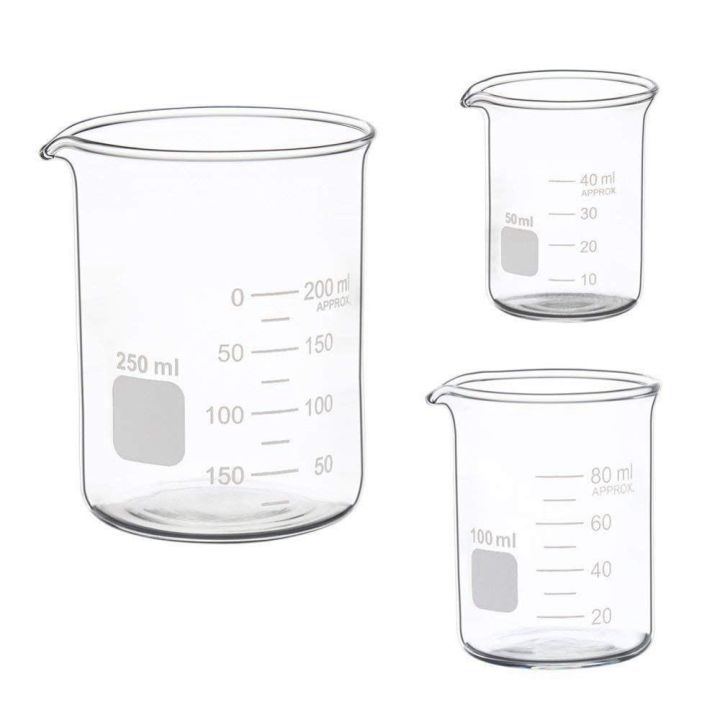 Hot Sale Glass Measuring Low Form Beaker Set 50ml 100ml 250ml Glass Beaker Pyrex Beaker Lab 7748