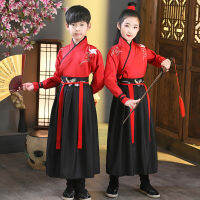 Hanfu เสื้อผ้าจีนสำหรับเด็กผู้ชายนักเรียนชั้นประถมและมัธยมต้นเด็กผู้หญิงที่โดดเด่นศิลปะการต่อสู้อัศวินสไตล์จีนเครื่องแต่งกายโบราณสำหรับเด็ก