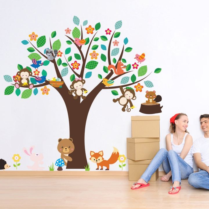 forest-animals-tree-wall-stickers-for-kids-room-monkey-owl-jungle-wild-wall-decal-baby-nursery-bedroom-decor-poster-mural