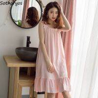 【Xiaobaide electronic】 Nightgowns Sleepshirts ผู้หญิงฤดูร้อนผ้าฝ้ายแข็งปาเก็ตตี้สายสไตล์เกาหลี Ruffles สบายน่ารักที่มีคุณภาพสูงหลวมง่าย