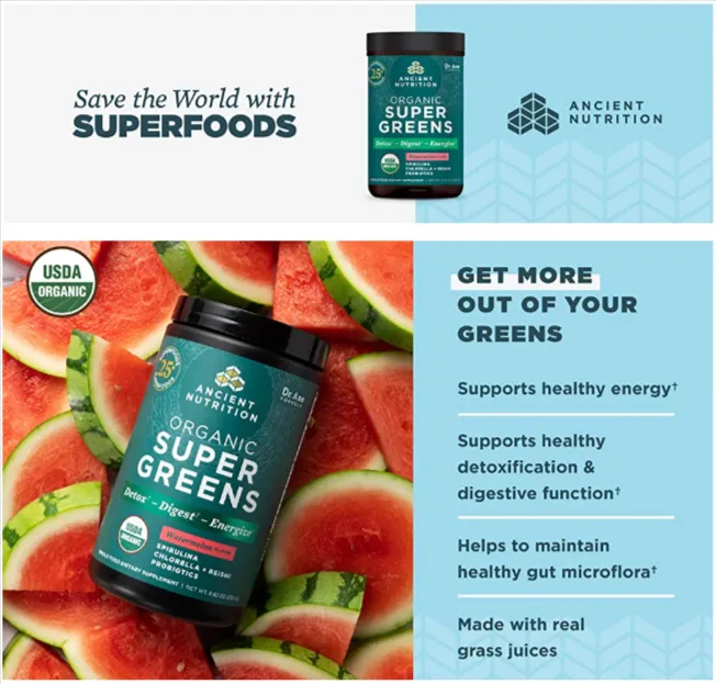 Super Greens Powder by Ancient Nutrition, Organic Superfood Powder with  Probiotics Made with Spirulina, Chlorella, Matcha, and Digestive Enzymes,  25 Servings, 7.5oz Greens Flavor