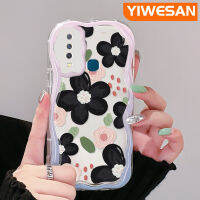 YIWESAN เคสสำหรับ VIVO Y12 Y17 Y15 Y3s Y3 Y12i น้ำมันเคสลายดอกไม้สีดำสวยงามลายคลื่นเนื้อครีมสีสันสดใสเคสป้องกันซิลิโคนใส