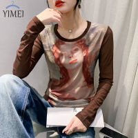 YIMEI เสื้อตาข่ายแขนยาวแฟชั่น2023ผู้หญิง,ใหม่เสื้อยืดผู้หญิงพิมพ์ลายแนววินเทจแฟชั่นฤดูใบไม้ร่วง