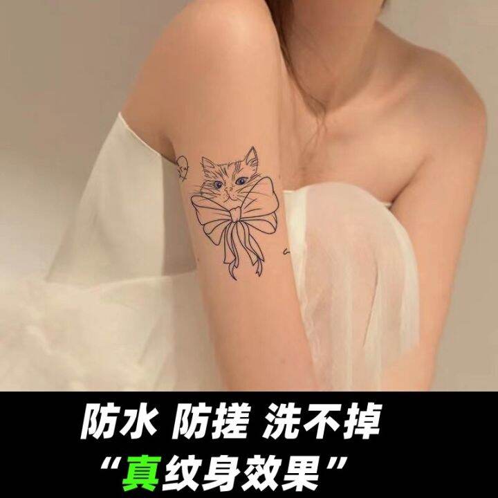 herbal-juice-tattoo-stickers-waterproof-female-long-lasting-simulation-bow-cat-tattoo-sexy-collarbone-high-end-stickers