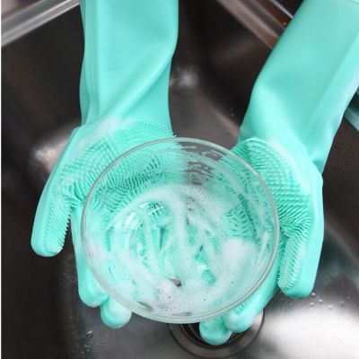Wash Dishes with Rubber Gloves. Double Side Household Silicone Cleaning Gloves Latex Gloves Rubber Gloves  Dish Washing Gloves Safety Gloves