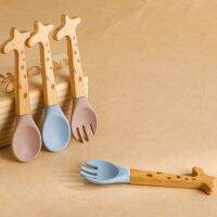 Baby Silicone Spoon Fork For Baby Set Baby Feeding Spoon Tableware Food Grade Giraffe Wooden Handle Spoon Baby Items Accessories Bowl Fork Spoon Sets