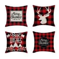 4PCS Christmas Pillowcase Santa Red Plaid Square Home Decor Linen Pillow Cases Cushion Covers for Sofa Car Gift 45X45cm