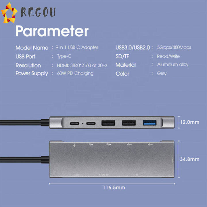 9-in-1-usb-type-c-อะแดปเตอร์ฮับ-hdmi-4k-pd-gigabit-ethernet-vga-usb3-0เสียง-sd-tf-พอร์ตขยายสำหรับ-windows