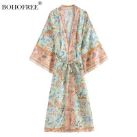 New Rayon Cotton Folk Robes Maxi Hippie Long Duster Belt Bohemian Kimono Jacket Vestidos Wrap Dress Women