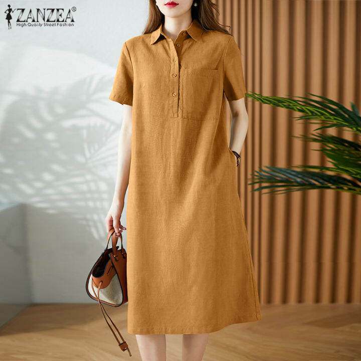 HijabFab ZANZEA Womens Short Sleeve Plain Knee Length Shirt Dresses
