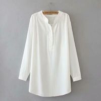 【มีไซส์ใหญ่】Plus Size V-neck 3XL-4XL Womens White Solid Color A-line Blouses Ladies Oversized Long Sleeved Muslimah Fashion Tops