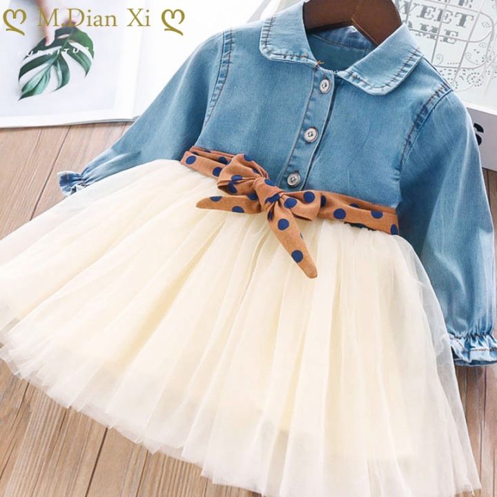 jeansame-dress-เสื้อผ้าเด็กผู้หญิงฤดูใบไม้ร่วงใหม่-girlslong-แขนยีนส์-stitchingdot-เข็มขัด-sweetparty-ชุดวันเกิด