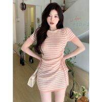 COD พร้อมส่ง #Sweet Spice Girls Striped Drawstring Short-Sleeved Dress Women s Knitted Short-Sleeved Package Hip Skirt