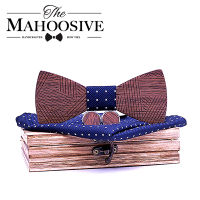 Mens Plaid Wooden Bow Tie Set Striped Wood Bowtie Handkerchief Cufflinks Sets With Wood Box For Men Wedding Gift