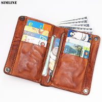 SIMLINE Genuine Leather Wallet For Men Vintage Short Bifold Mens Wallets Purse Card Holder With Zipper Coin Pocket Money Bag