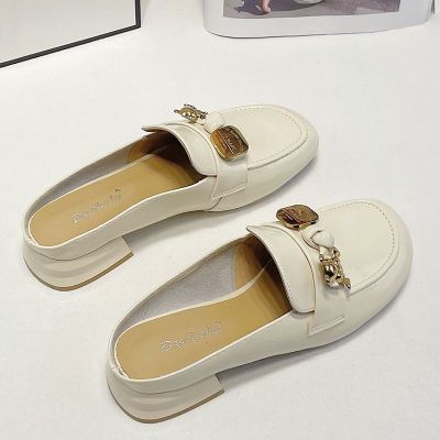 Authentic Leather Toe Half Slippers Womens Summer Outdoor Mules Thick Bottom Chunky Heel French Style High-Grade Sandals