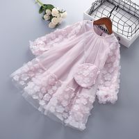 ZZOOI 3-7 Years High Quality Spring Autumn Girl Dress New Chiffon Flower Ruched Kid Children Clothing Girl Princess Dress With Bags