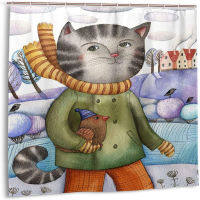 Gray cat Waterproof shower curtain, shower curtain, curtain, cartoon shower curtain