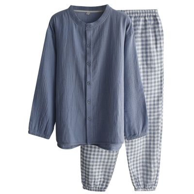 MUJI Japanese plaid pajamas mens spring autumn and summer pure cotton gauze thin section long-sleeved round neck unprinted style home service suit