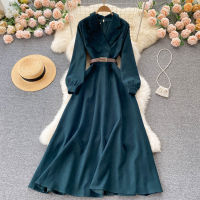 ผู้หญิงยุโรปและอเมริกา Lapel Slim อารมณ์ Big Swing Dress ผู้หญิง Slim เข่าความยาว Hepburn สไตล์กระโปรงยาวฤดูใบไม้ร่วงและฤดูหนาวใหม่สไตล์