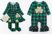 Girlymax St. Patricks Day Baby Girls Plaid Gingham Clover Ruffles Dress Match Socks &amp; Purse Knee Length Romper Kids Clothing