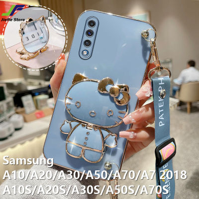 JieFie เคสโทรศัพท์ Hello Kitty น่ารักสำหรับ Samsung Galaxy A10 / A20 / A30 / A50 / A70 / A7 2018 / A10S / A20S / A30S / A50S / A70S เคสกระจกชุบโครเมียมฝาครอบโทรศัพท์ TPU แบบน่มสี่เหลี่ยมหรูหรา + ขาตั้งสายคล้อง