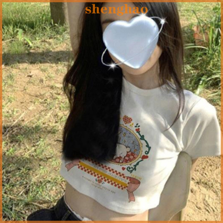 shenghao-เสื้อยืดพิมพ์ลายการ์ตูนผู้หญิงคอกลมแขนสั้นสลิมเสื้อครอป