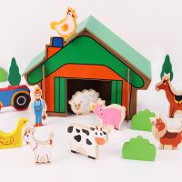 Kids Wooden Early Educational Puzzle Assembly Farm Wooden House Animal Building Blocks Pretend Toys Game for Children Wooden Toys