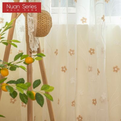 NUAN New Tulle Curtain Embroidered Pattern Fresh Japanese Style Flower Curtain Decoration