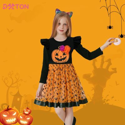 DXTON Halloween Dress For Kid Girls Toddlers Pumpkin Spider Witch Print Tutu Princess Dresses Kids Cosplay Costumes Party Dress