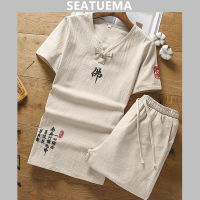 SEATUEMA ผ้าฝ้ายผ้าลินินชายเสื้อยืดแขนสั้นชุดถังฤดูร้อนชายกีฬาลำลอง