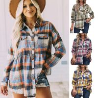 2023 ladies blouse and lapel long sleeve pocket leisure plaid shirt in Europe and America