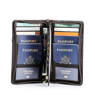 Travel Passport Cover หนังแท้ Men Clutch Wallet Passport Holder With Pen Slot Casual Card Bag Organizer Zipper Handbag