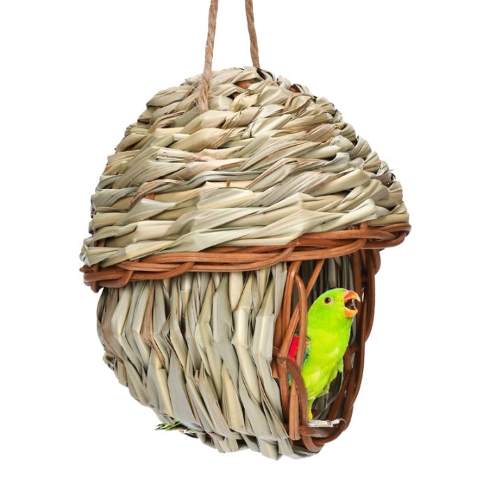 บ้านหญ้านกสำหรับนกชิคคาดี้ฟางกระท่อมกลางแจ้งแขวนไฟเบอร์ธรรมชาติ-birdhouse-nest-to-canaries-wren-bird-hideaway