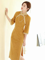 ใหม่สีเหลือง Suede Cheongsam แขนยาว Vintage ผู้หญิง Slim-Fit จีนแบบดั้งเดิมยาว Qipao S To XXL