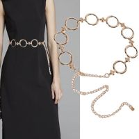 ✑№☈ Women Fashion Round Chain Belt 110cm Long Designer Tassel Fringe Chains Female Gold Waist Dress Thin Metal Belts