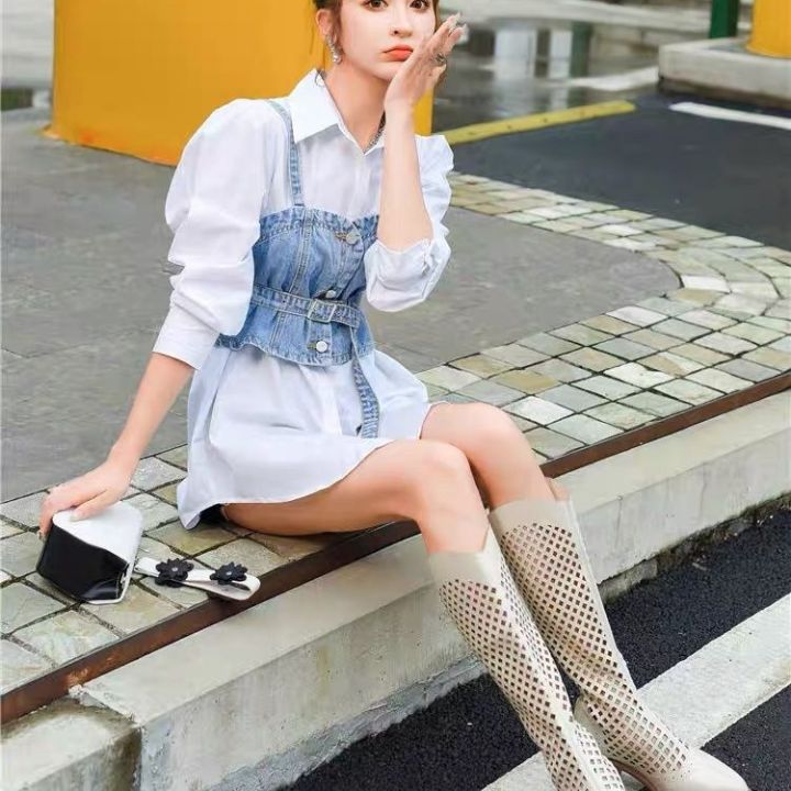 spring-2023-new-korean-wear-temperament-versatile-shirt-top-personality-design-sense-denim-suspender-two-piece-set