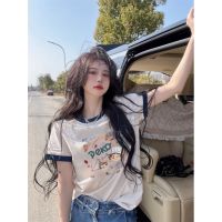 COD dsdgfhgfsdsss White Short-Sleeved T-shirt Womens Summer 2023 New Pure Cotton Loose Color Contrast Patchwork Cartoon Shoulder Half Sleeve T-shirt