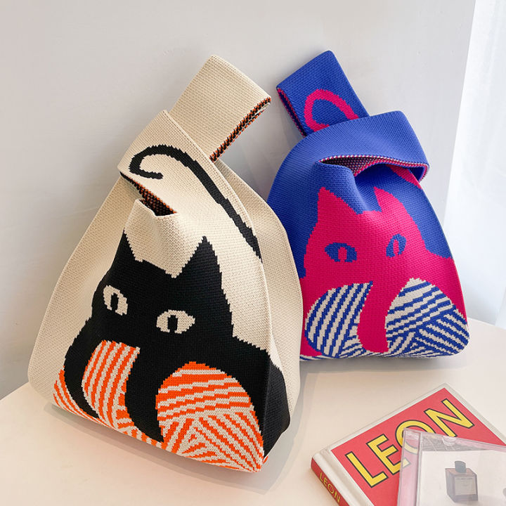shopping-bags-reusable-stripe-wide-japanese-color-casual-knot-student-shopping-women-handmade-handbag-knit-cat