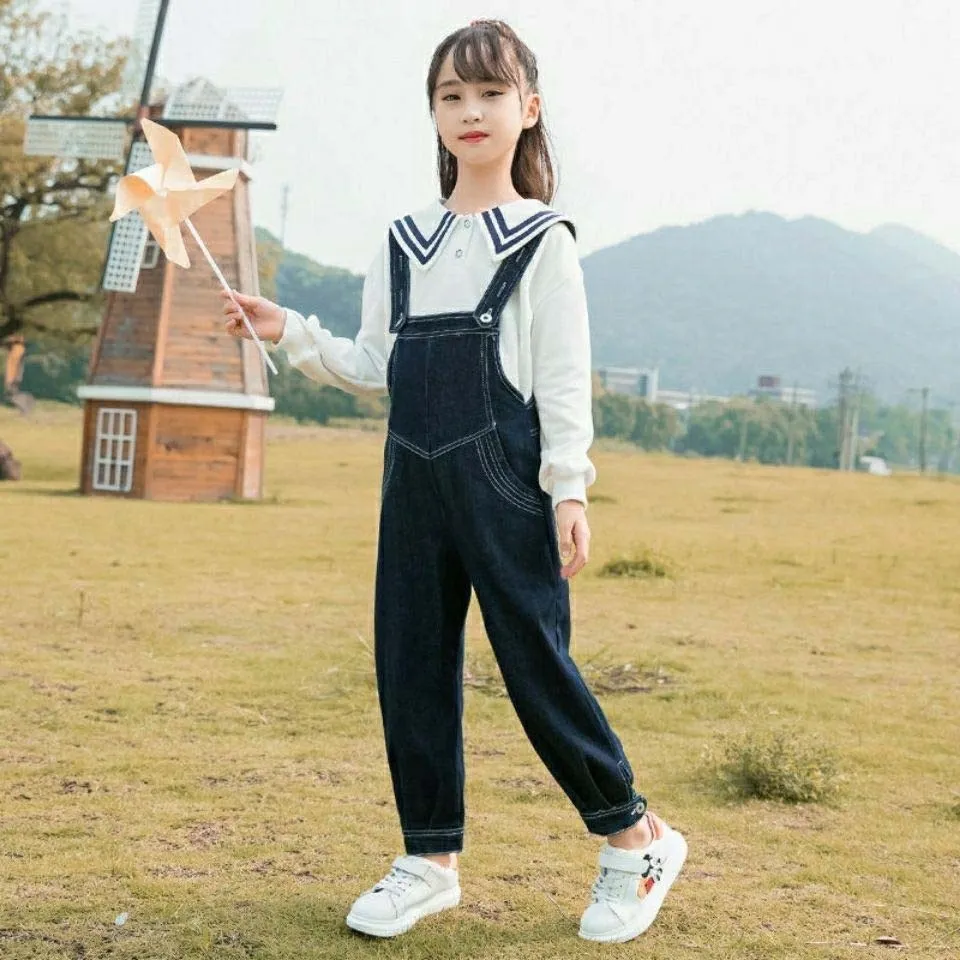 Spring Autumn 2 Colors Full Sleeve Turn-down Collar Shirt And Overalls  Pants 2Pieces Baby Girls Clothing Set For Age 3 -14Years