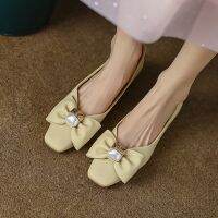 [COD] new pearl bow square head single shoes female summer student version gentle low heel shallow mouth womens